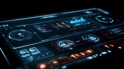 Close-up of a futuristic digital interface with glowing blue and orange elements displaying data, graphs, and system information on a dark background.