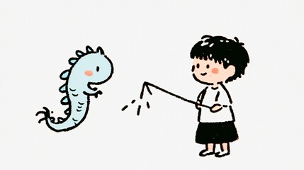 Obraz premium Girl Playing with Imaginary Monster Friend in Whimsical Doodle Art Style Childlike.