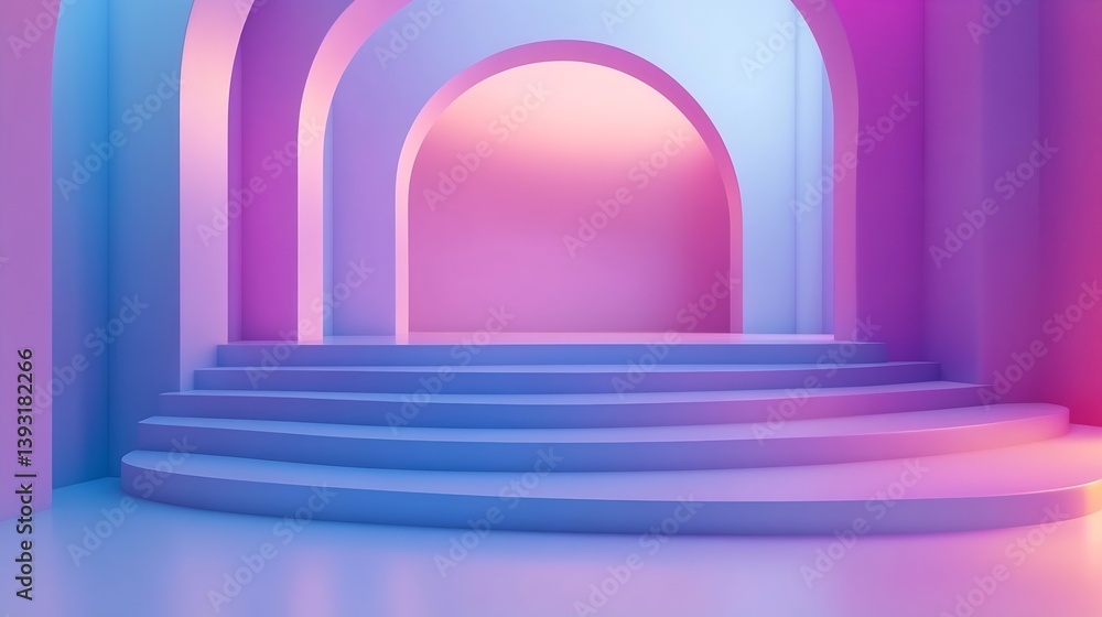 Poster pastel pink and blue curved staircase minimalist interior design for display podium and product show