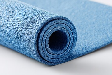 Blue yoga mat rolled neatly for practice in a calm and inviting space