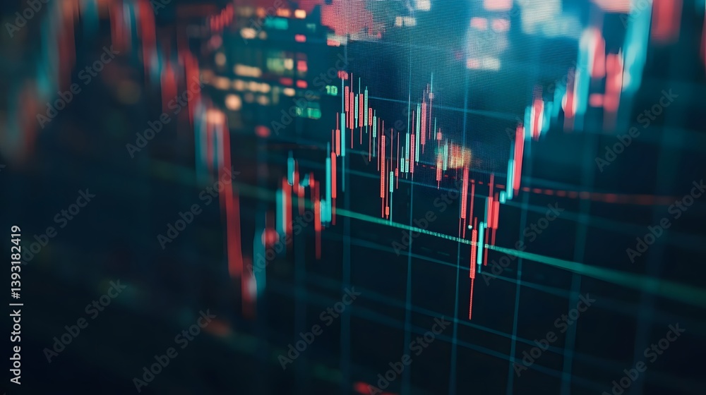 Poster close-up shot of a stock market chart displayed on a screen, showing red and green candlestick patte