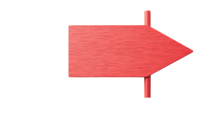 Empty red wooden signpost points right, isolated object, cut out transparent