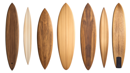 Set of wooden surfboard collection isolated on white background