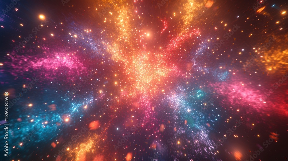 Poster abstract colorful explosion of light and particles.