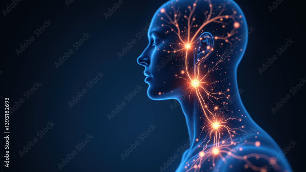 Poster visual representation of a person's head with the vagus nerve highlighted as a network of energy or 