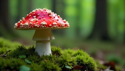 Amanita muscaria mushroom in a forest, the mushroom has a bright red cap with white spots, the stem is white and has a ring around it, the mushroom is growing in a bed of moss