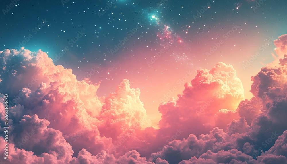 Poster stunning celestial sky with colorful clouds and distant stars at sunset : generative ai
