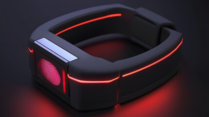 Futuristic biometric wristband with red LED accents. Fingerprint scanner displayed prominently. Sleek, dark design suggests advanced technology and security.
