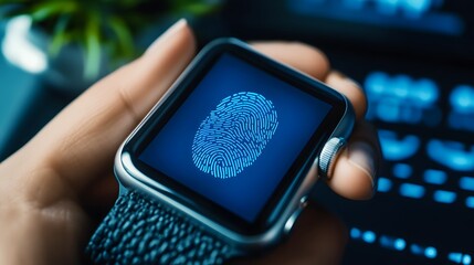 Close-up of a hand holding a smartwatch displaying a fingerprint scan. The device's screen glows with a blue fingerprint icon, suggesting biometric authentication.