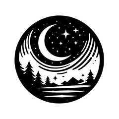 Moonlit Mountain Landscape: Black and White Vector Design