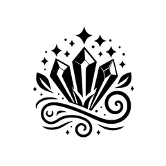 Crystal Cluster Logo with Stars and Swirls, Minimalist Black and White Design