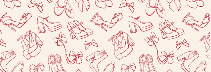 Pink pattern of coquette vintage girly shoes and bows. Hand drawn background in doodle style. Vector drawing for invitation, cover, scrapbooking, postcard or personal secret diary.