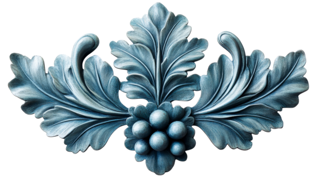 Ornate blue botanical element design on black backdrop, cut out transparent