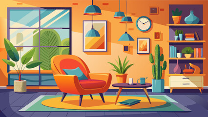 Obraz premium Modern living room with a vibrant orange chair and stylish decor