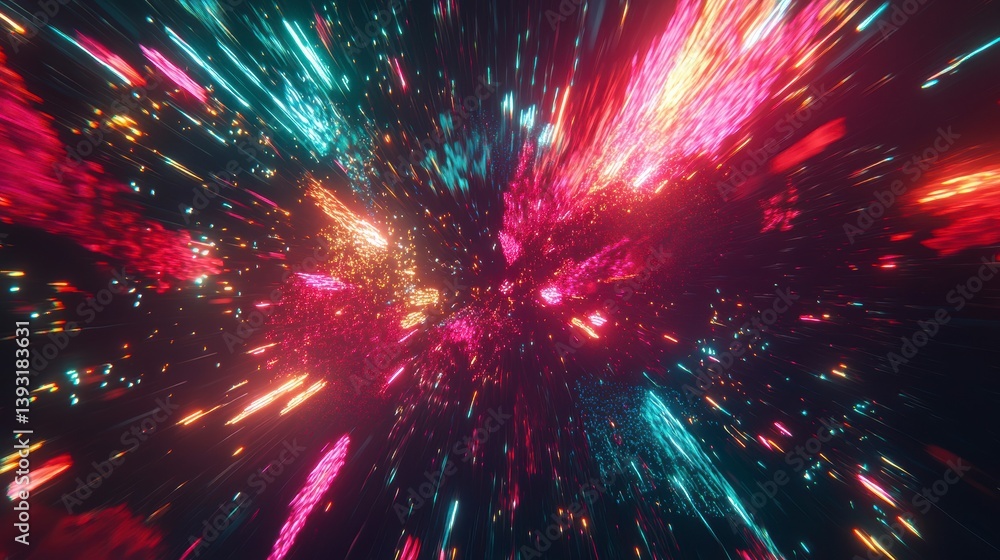 Poster abstract vibrant light streaks radiating outwards in a dark space, creating a dynamic and energetic 