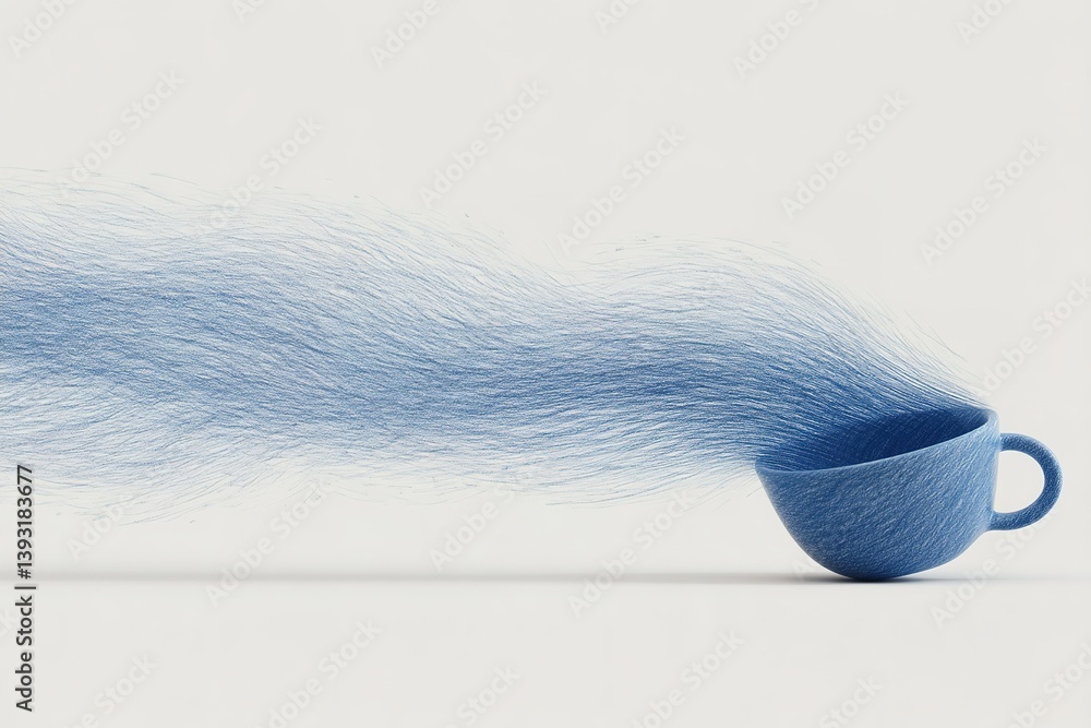 Poster blue cup with flowing strands of fiber creating an artistic display of movement and texture in a min