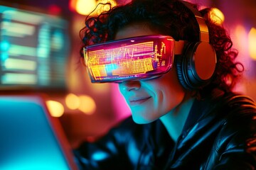 Tech lead managing team. Concept pattern design idea of female computer nerd, data management. Background is a dark room with data centers. Graphs and computer text reflections in her glasses.