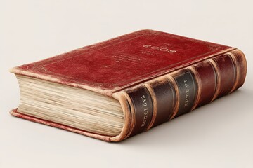 Obraz premium Antique red leather-bound book displaying intricate details and aged charm on a neutral background