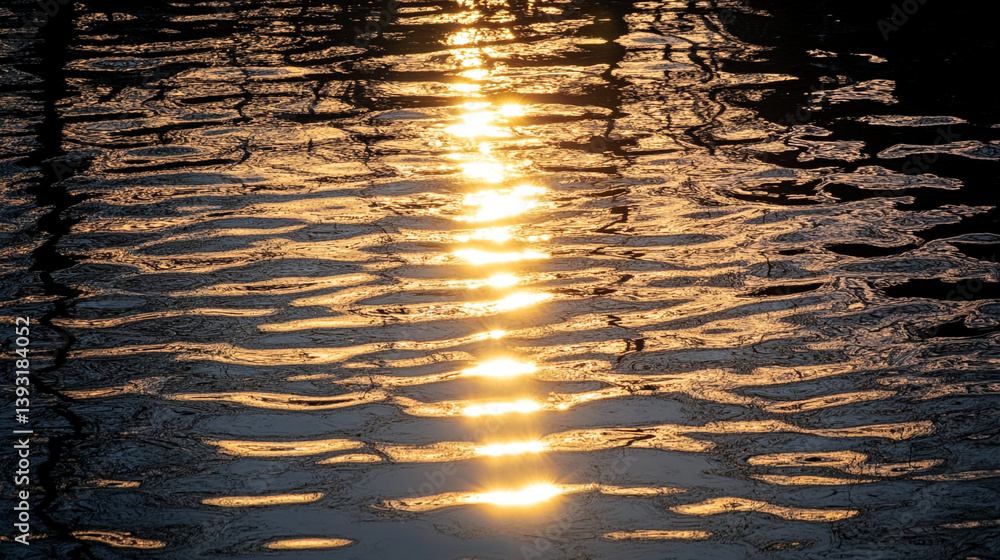 Poster sunlight reflecting on water surface creating a golden path with dark ripples and shadows