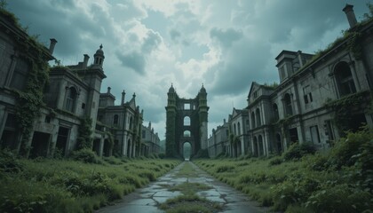 Obraz premium Abandoned city ruins with overgrown vegetation and dark clouds creating a moody, atmospheric post-apocalyptic landscape Generative AI