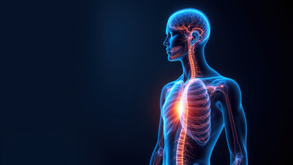 An anatomical illustration of a human torso focusing on the central nervous system and internal organs with highlighted vagus nerve stimulation.