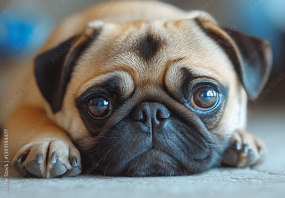 Poster adorable pug dog laying on the carpet with soulful eyes staring directly at the viewer : generative 