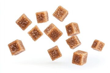 A collection of brown sugar cubes scattered on a white background in a studio setting