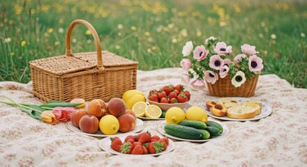 Pastel Picnic in a Blooming Meadow - A tranquil picnic scene symbolizing relaxation, nature's bounty, springtime, friendship, and simple joys