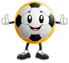 soccer ball black white yellow thumbs up, wears shoes