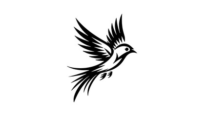 stylized black flying bird design with detailed wings and sharp features on white background copy space