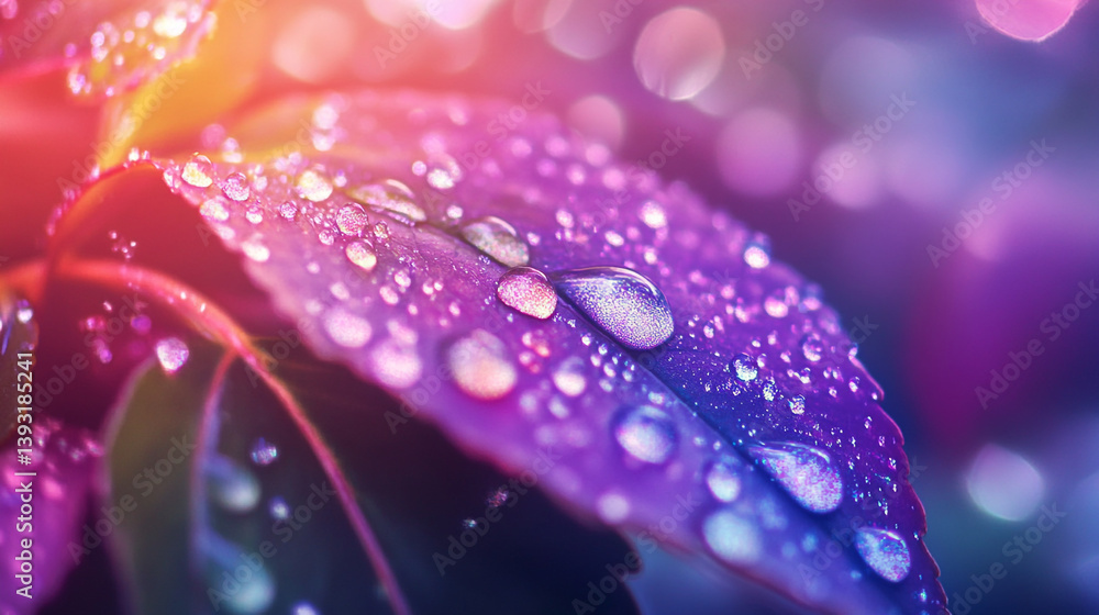 Poster a close up of a purple leaf covered in water droplets with a soft colorful bokeh background effect