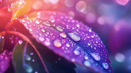 A close up of a purple leaf covered in water droplets with a soft colorful bokeh background effect
