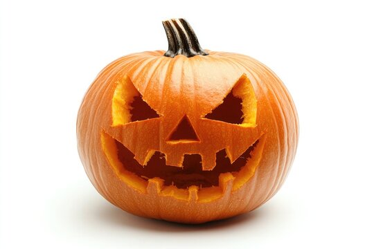 A single carved halloween pumpkin with a scary face on a white background in a studio shot view