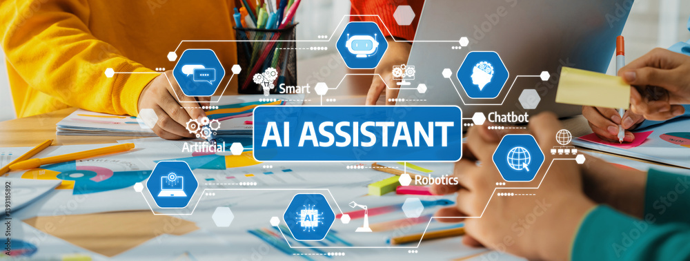 Poster dynamic workspace showcasing ai assistant technology with a focus on collaboration, smart devices, a