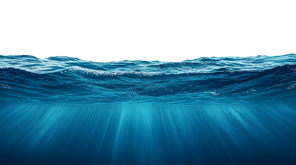 Blue water and clear sky. Cross-section of deep ocean with waves on the surface. Rays of light illuminating clear dark blue water. Marine landscape. Copy space.