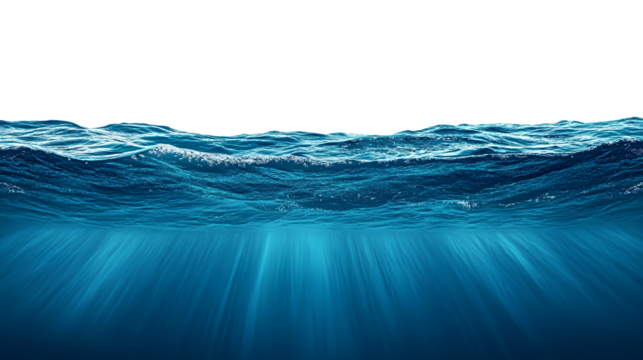 Blue water and clear sky. Cross-section of deep ocean with waves on the surface. Rays of light illuminating clear dark blue water. Marine landscape. Copy space.