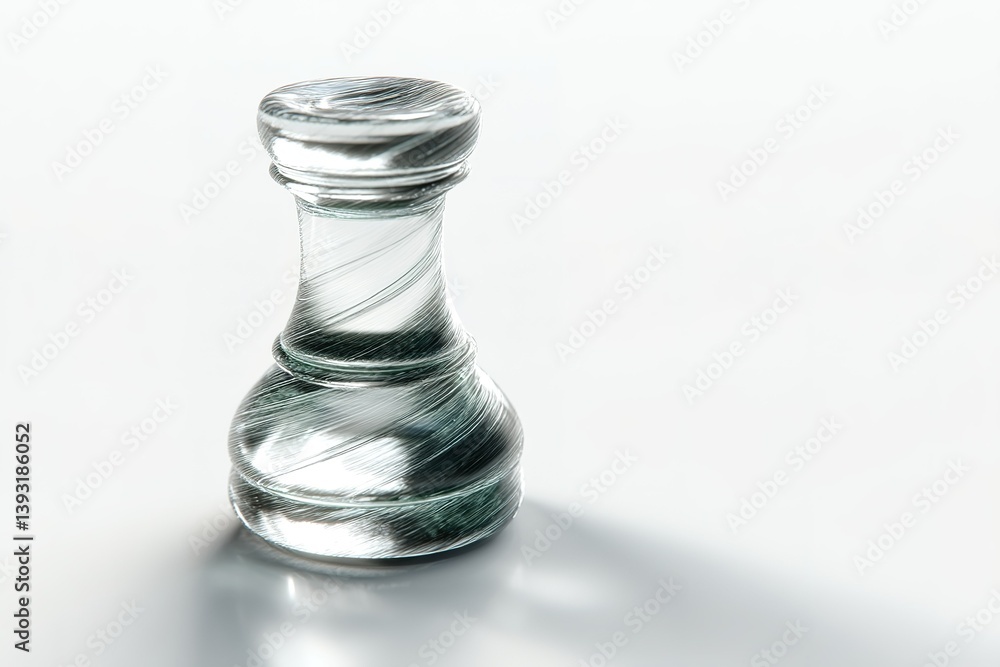 Poster intricately designed glass chess piece displayed on a smooth surface with soft lighting and shadow e