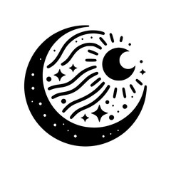 Celestial Crescent Moon & Sun Symbol, Black and White, Modern Aesthetic