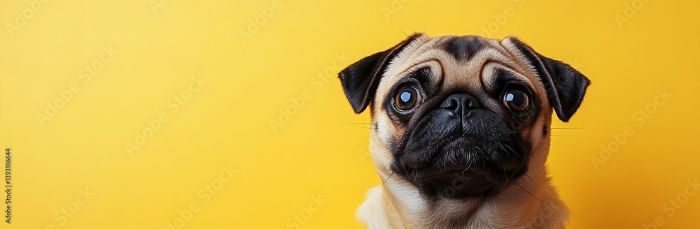 Poster Charming pug looking inquisitively with deep eyes on vivid yellow backdrop in playful pose : Generative AI