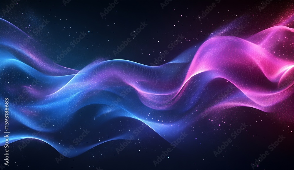 Fototapete Dynamic flowing waves with glowing particles in a beautiful mix of pink and blue light : Generative AI