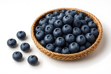 Fresh blueberries in a woven basket on a clean white background. Some berries are scattered around, highlighting their natural texture. Healthy, organic fruit rich in antioxidants and vitamins.


