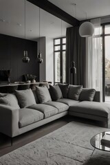 A living room with a grey couch and a glass coffee table