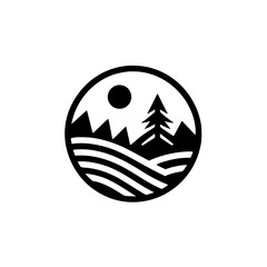 Minimalist Nature Circle Logo: Mountains, Tree, Sun, & Water