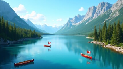  Canadian Lake with Red Canoes and Majestic Mountains, Peaceful Nature Landscape with Canoes and Canadian Flags, Crystal Clear Mountain Lake in Canada with Pine Forest and Boats, Tranquil Wilderness