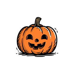 cute cartoon Halloween pumpkin with a smiling face and carved features in playful doodle style copy space