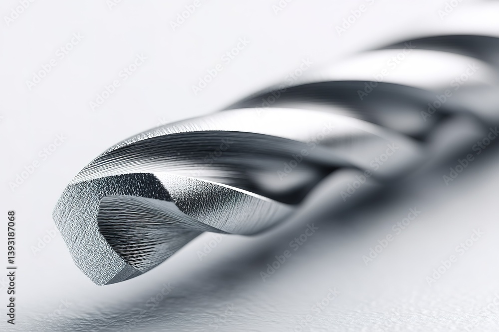 Poster close-up view of a metal drill bit showcasing its fine craftsmanship and sharp edges, ideal for prec