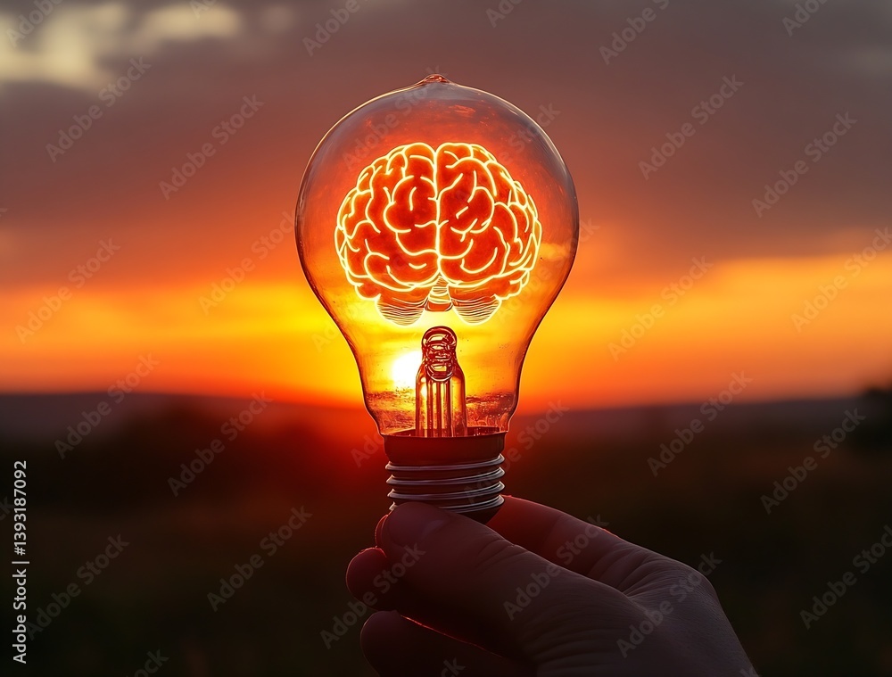 Aufkleber light bulb with brain inside sunset glow innovation idea concept creativity intelligence solution th