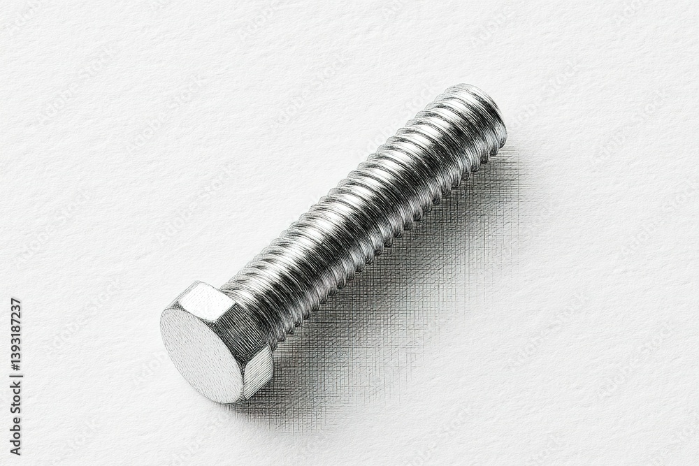 Poster metal screw resting on a textured surface showcasing its detailed threads and hexagonal head under s
