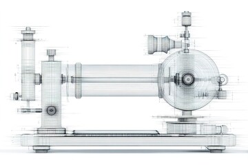 Vintage sewing machine design in technical illustration style showcases intricate details and craftsmanship elements
