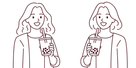 Minimalist black and white line art of two young women holding bubble tea, representing leisure, diversity, and modern lifestyle in clean sketch style